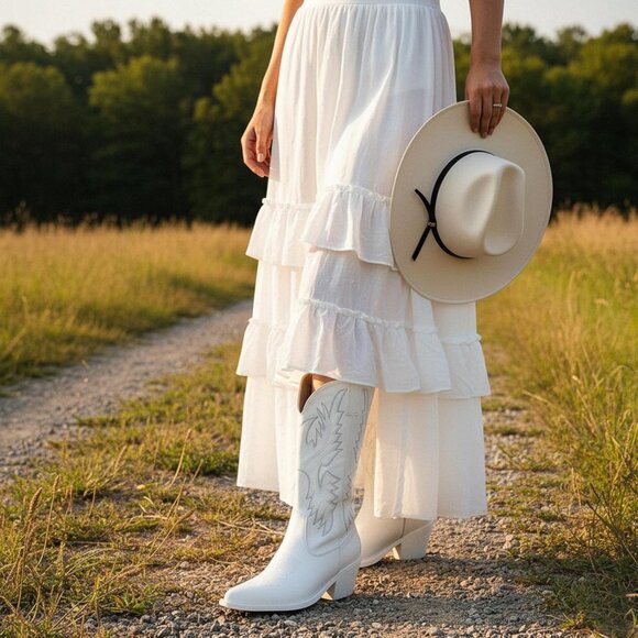 Women's White Western Cowgirl Boots Classic Pull On Pointy Toe Mid Calf - Picture 4 of 7